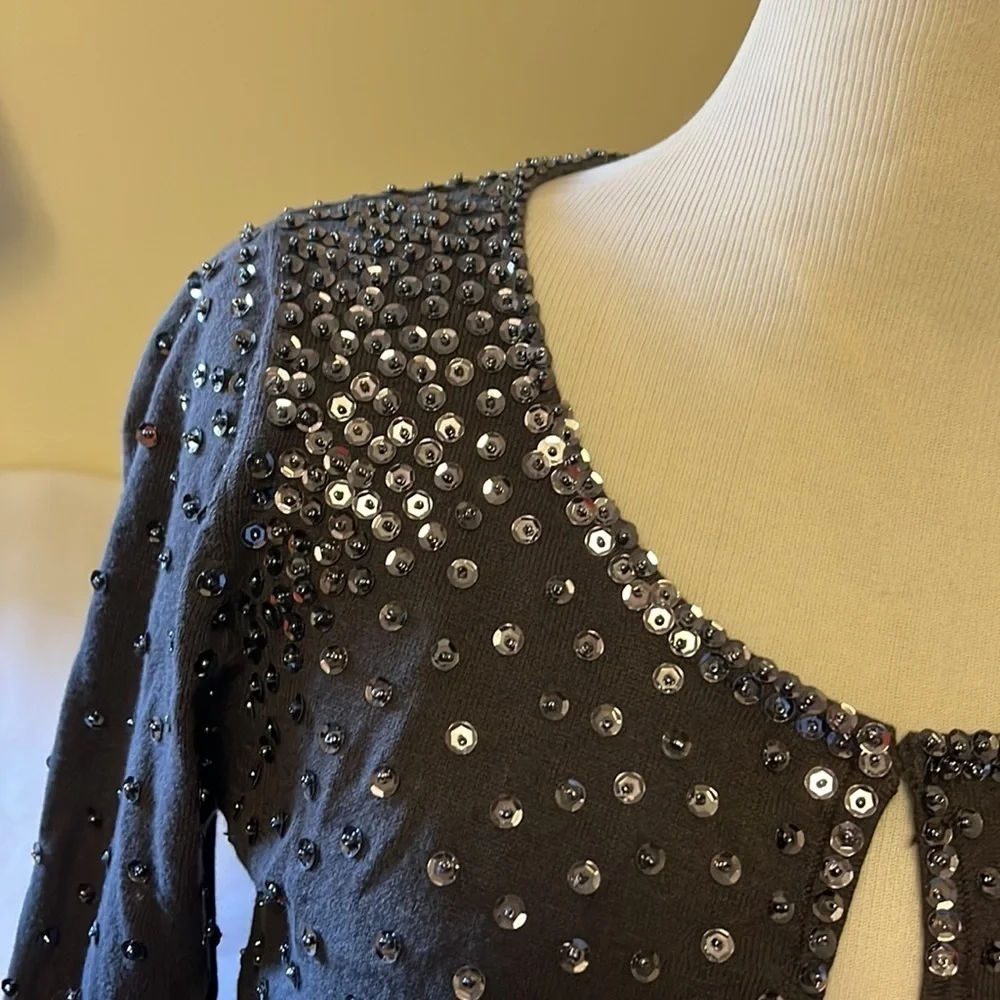 Charcoal gray soft short cardigan sweater with sequins and beads, small